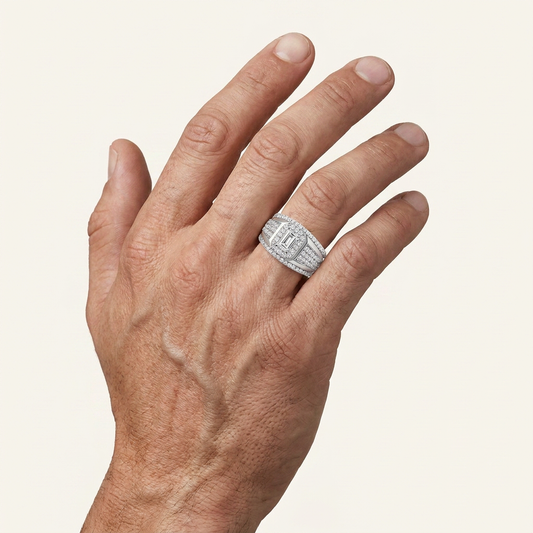2CT Emerald Cut Certified Lab Grown Diamond Halo Side Stone Men's Ring