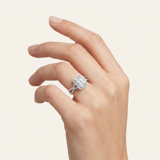 4CT Emerald Cut Lab Grown Diamond Split Shank Halo Engagement Ring