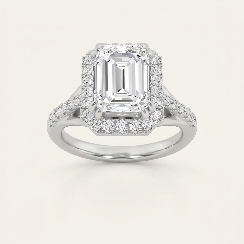 3CT Emerald Cut Lab Grown Diamond Halo Engagement Ring