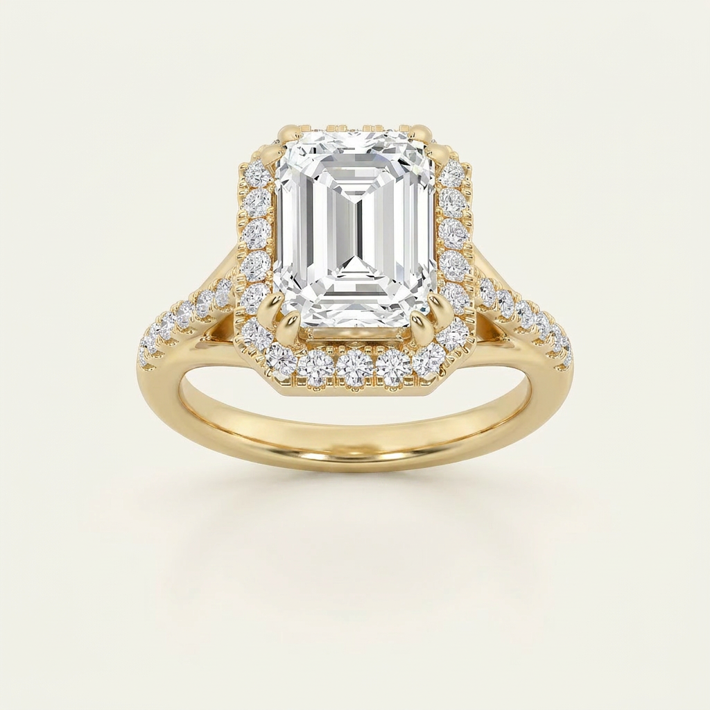 3CT Emerald Cut Lab Grown Diamond Halo Engagement Ring