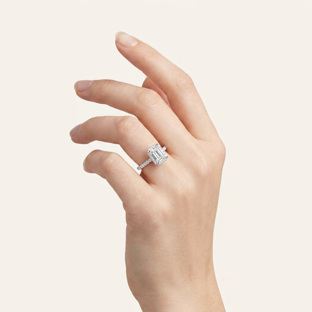 2CT Emerald Cut Lab Grown Diamond Halo Accented Engagement Ring