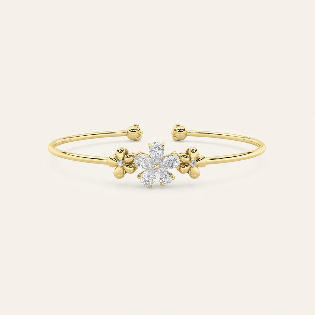 1.50CT Pear Cut Lab Grown Diamond Flower Bangle Bracelet