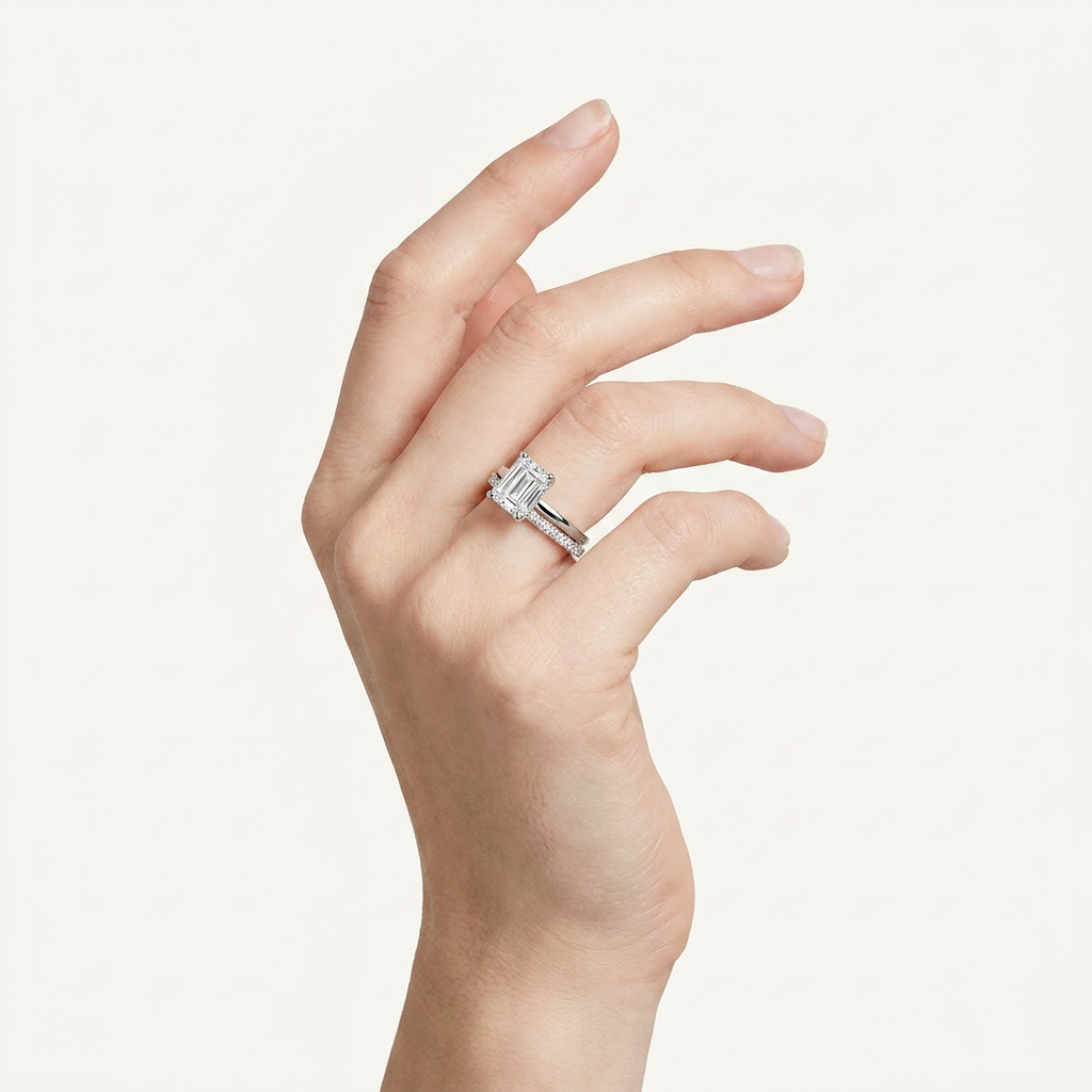 1.5CT Emerald Cut Lab Grown Diamond East West Accented Solitaire Ring