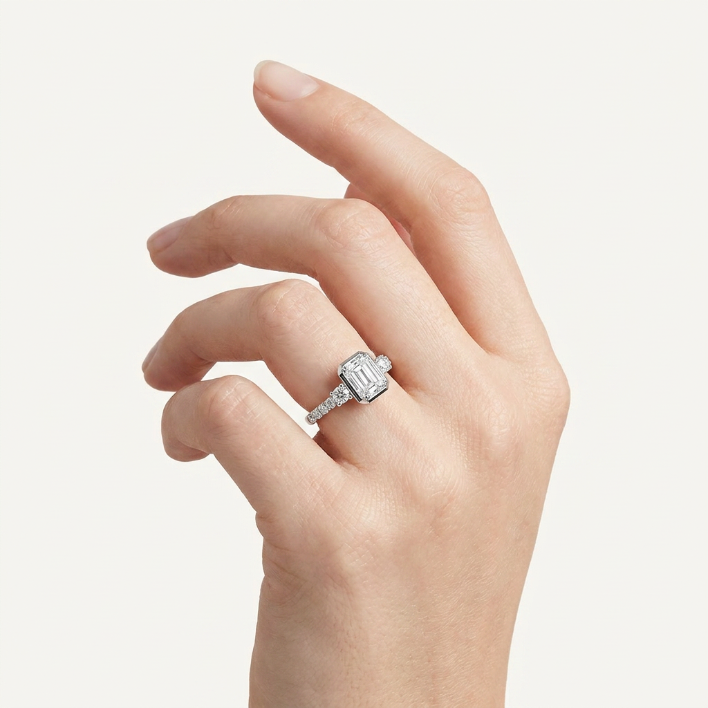 2CT Emerald Cut Lab Grown Diamond East West Accented Three Stone Ring