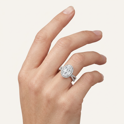 3 CT Oval Cut Lab Grown Diamond Split Shank Halo Side Stone Ring