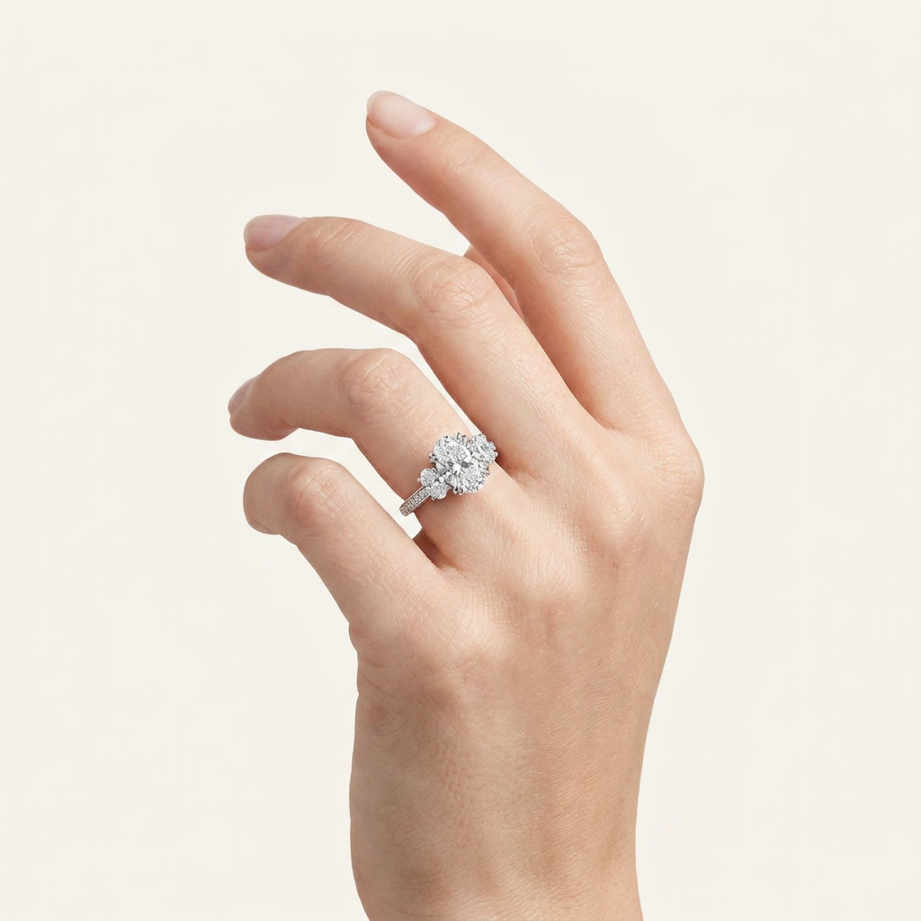 3CT Oval Cut Lab Grown Diamond Three Stone Engagement Ring
