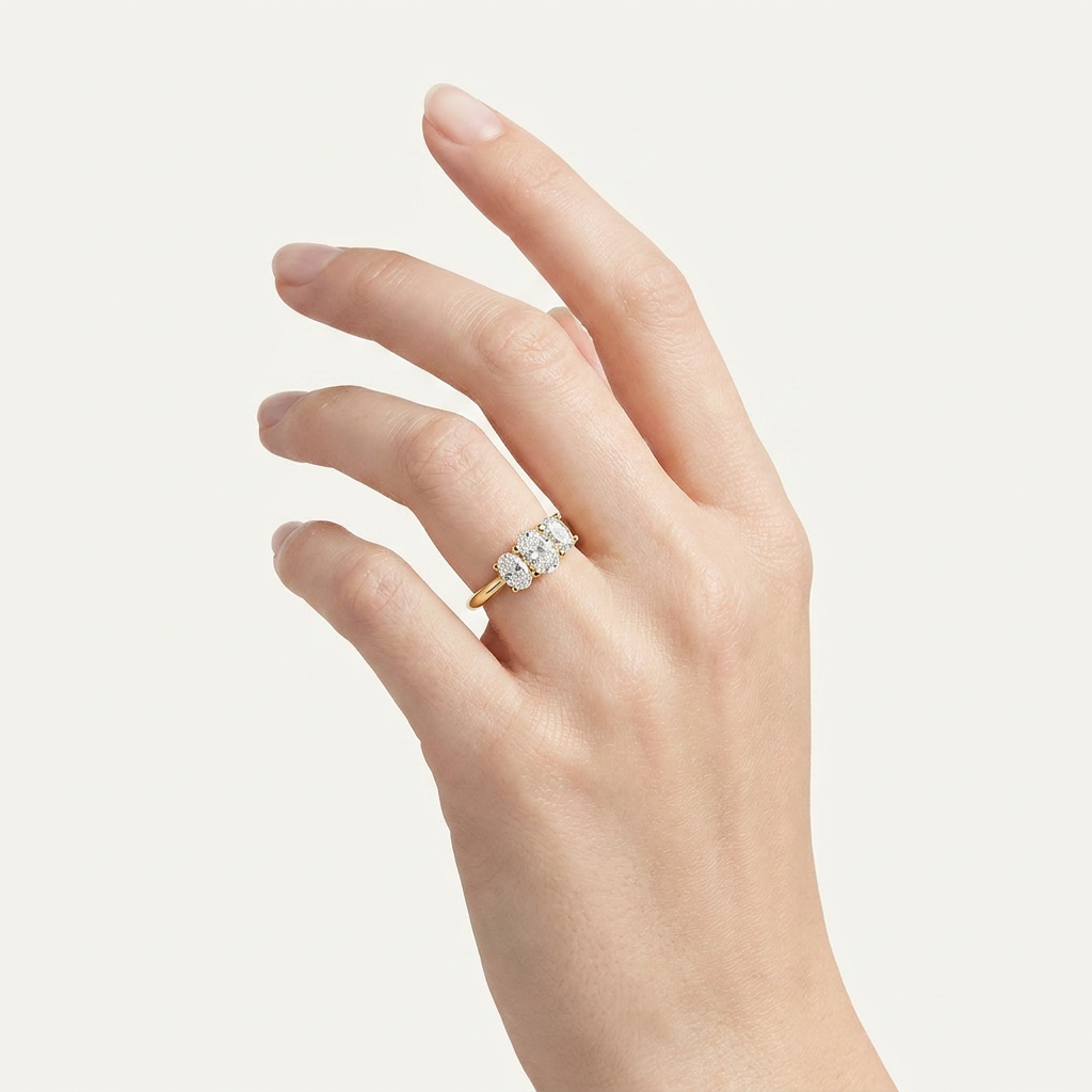 1.00 CT Oval Cut Lab Grown Diamond Three Stone Band Ring