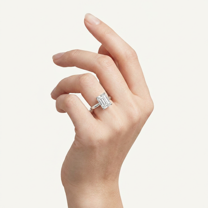 2CT Emerald Cut Lab Grown Diamond Plain Cathedral Trellis Shank Solitaire Engagement Ring