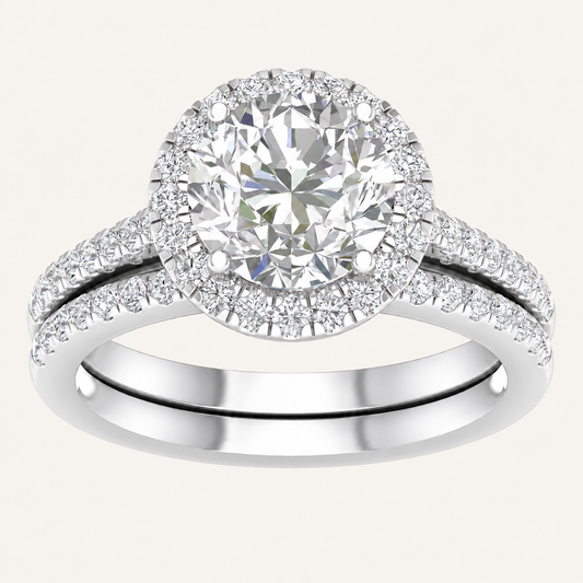 3.00Ct Round Cut Lab Grown Diamond Halo Side Stone Bridal Set