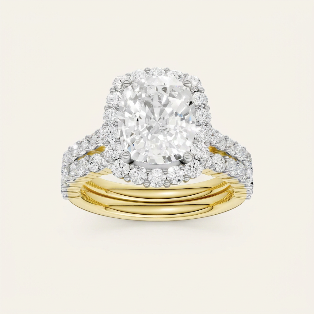 4.00CT Cushion Cut Lab Grown Diamond Halo Bridal Set