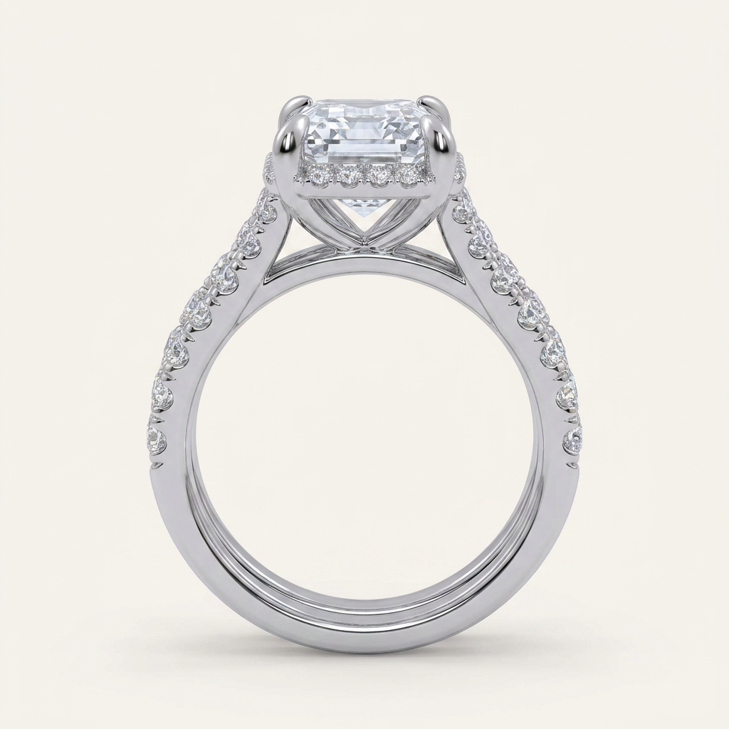 4.53CT Emerald Cut Certified Lab Grown Diamond Hidden Halo Bridal Set
