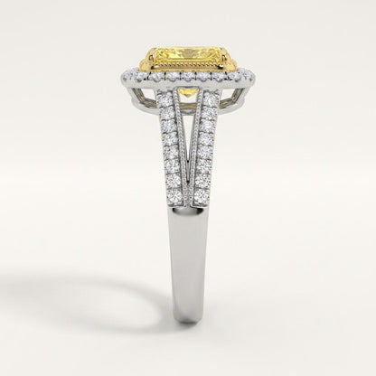 2.5CT Radiant Cut Fancy Yellow Lab Grown Diamond Split Shank Halo Side Stone Ring