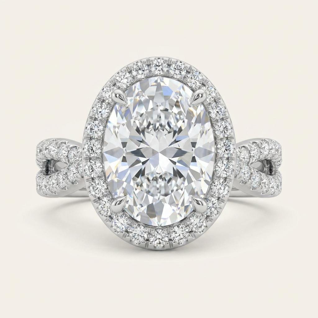 2 CT Oval Cut Lab Grown Diamond Split shank Halo Ring