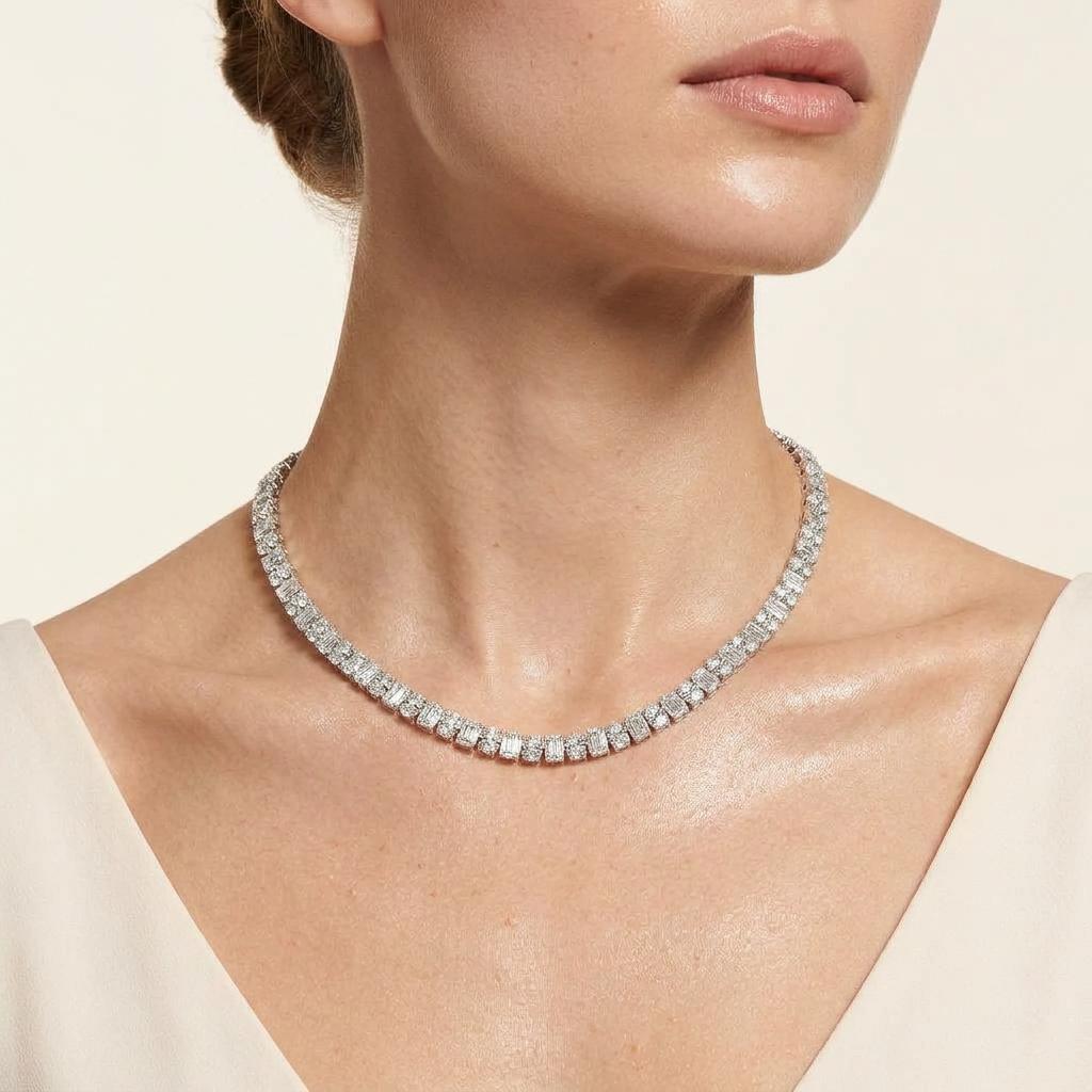 33CT Emerald Cut Lab Grown Diamond Tennis Neckalce