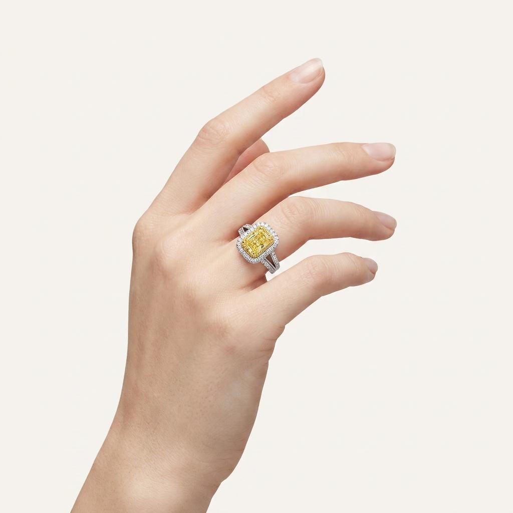 2.5CT Radiant Cut Fancy Yellow Lab Grown Diamond Split Shank Halo Side Stone Ring