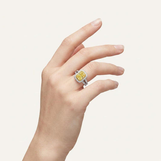 2.5CT Radiant Cut Fancy Yellow Lab Grown Diamond Split Shank Halo Side Stone Ring