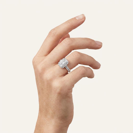 3CT Radiant Cut Lab Grown Diamond Halo Accented Engagement Ring