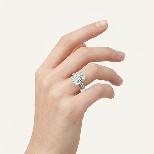 8CT Emerald Cut Lab Grown Diamond Bold Accented Engagement Ring