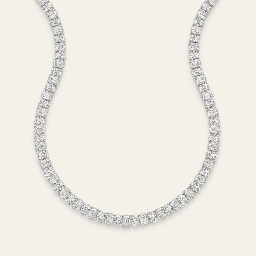 33CT Emerald Cut Lab Grown Diamond Tennis Neckalce