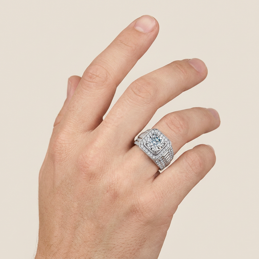 4.12CT Round Cut Lab Grown Diamond Halo Side Stone Men's Ring