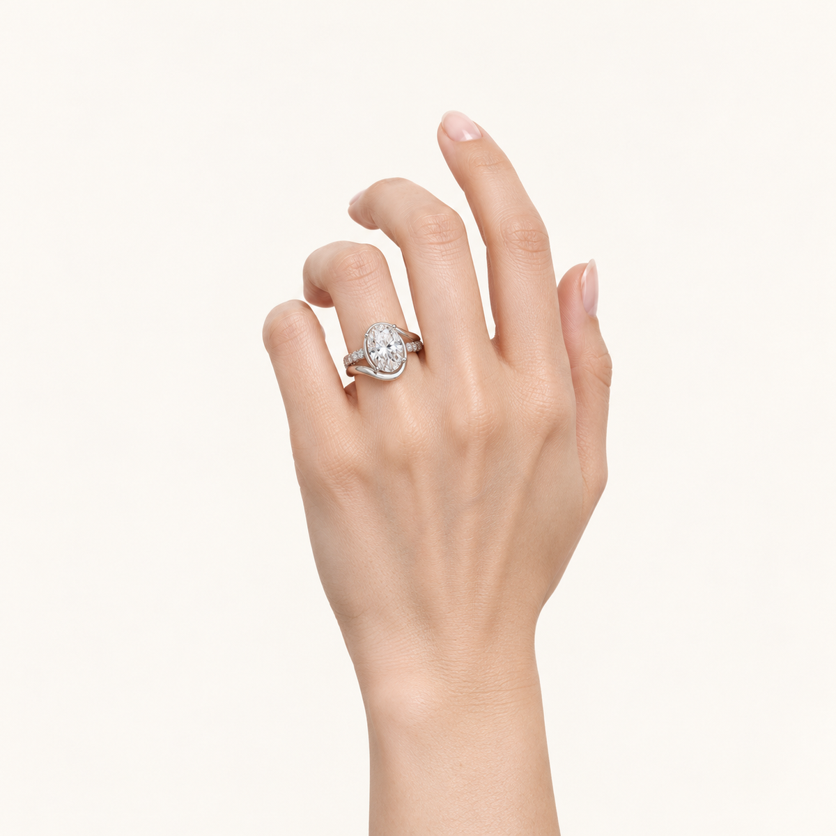 3CT Oval Cut Lab Grown Diamond Swirl Shank Side Stone Ring