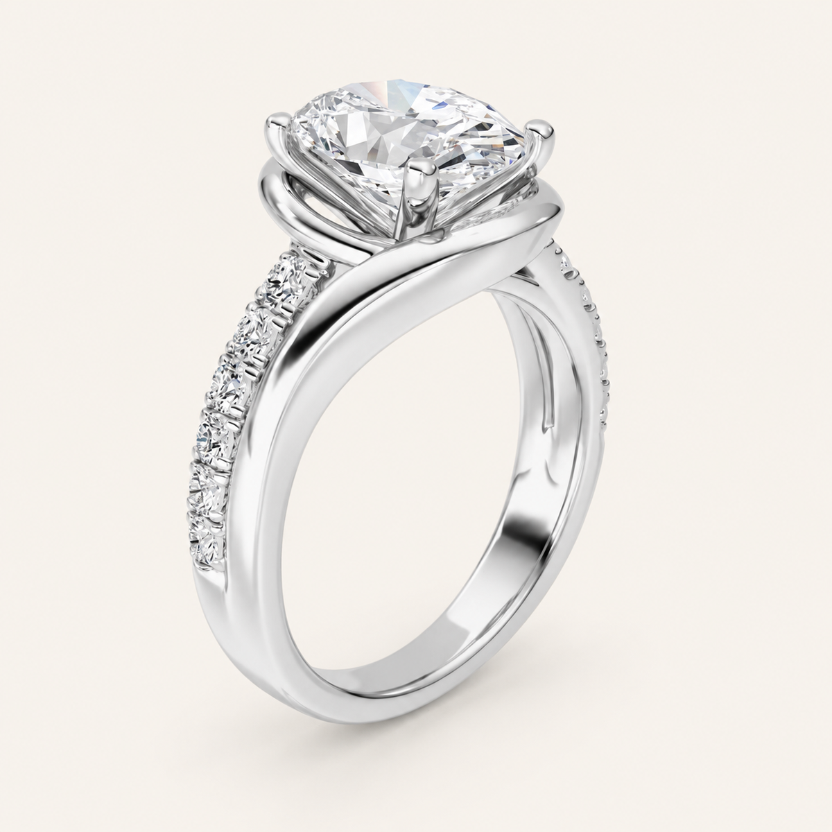 3CT Oval Cut Lab Grown Diamond Swirl Shank Side Stone Ring