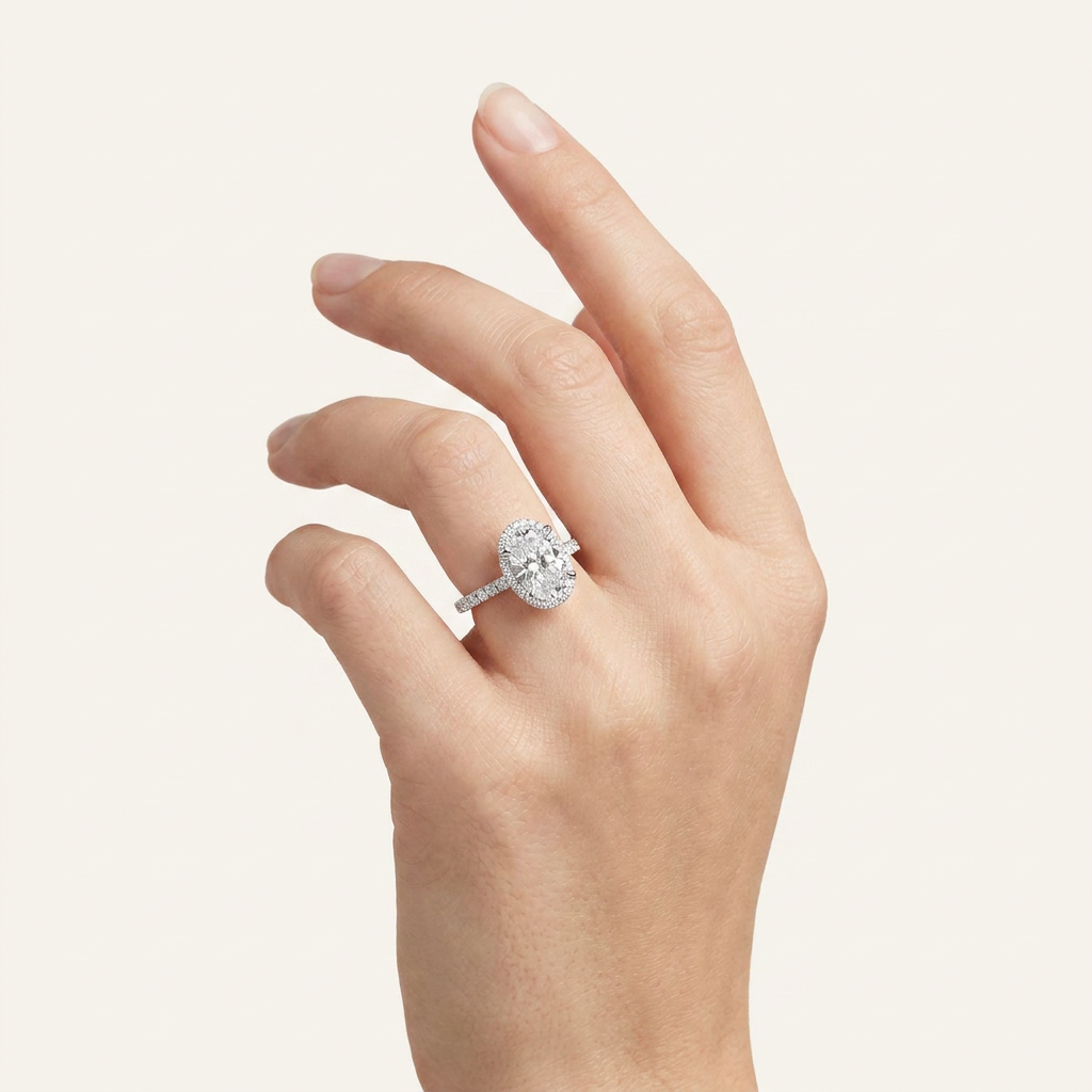 2CT Oval Cut Lab Grown Diamond Halo Accented Engagement Ring