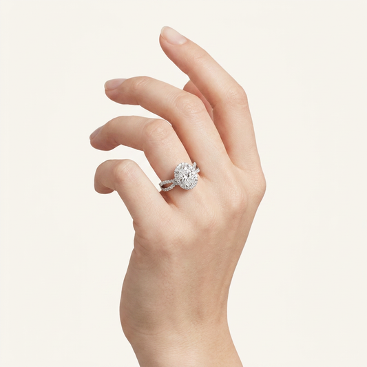 2CT Oval Cut Lab Grown Diamond Split Shank Halo Side Stone Ring