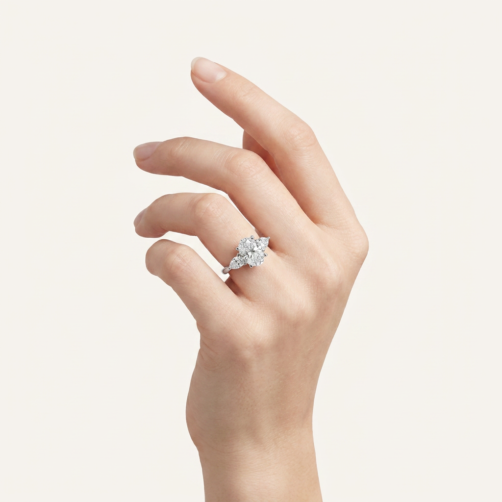 3.8CT Oval and Pear Cut Certified Lab Grown Diamond Three Stone Engagement Ring