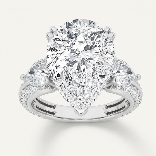 6.75 CT Pear Cut Lab Grown Diamond Bold Statement Three Stone Ring