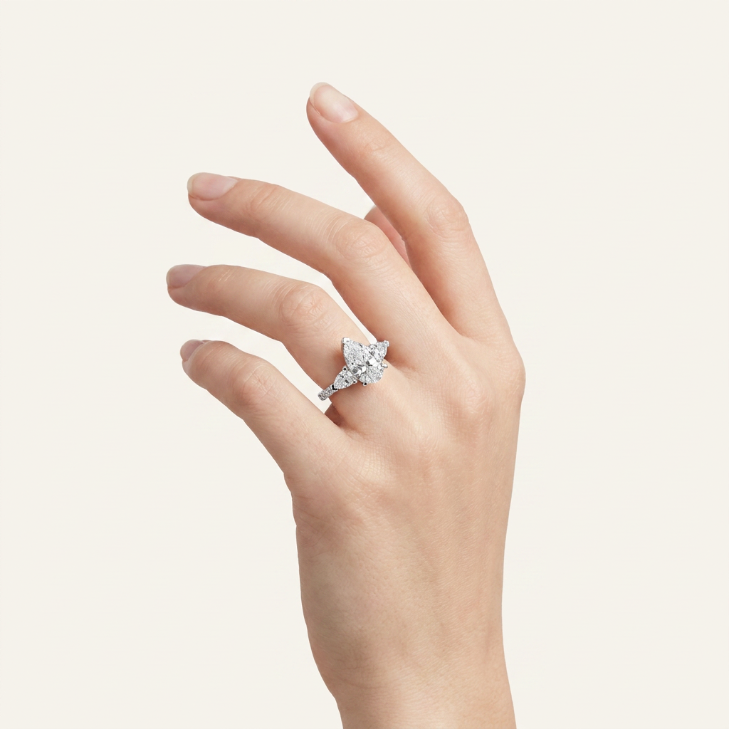 3CT Pear Cut Lab Grown Diamond Three Stone Engagement Ring