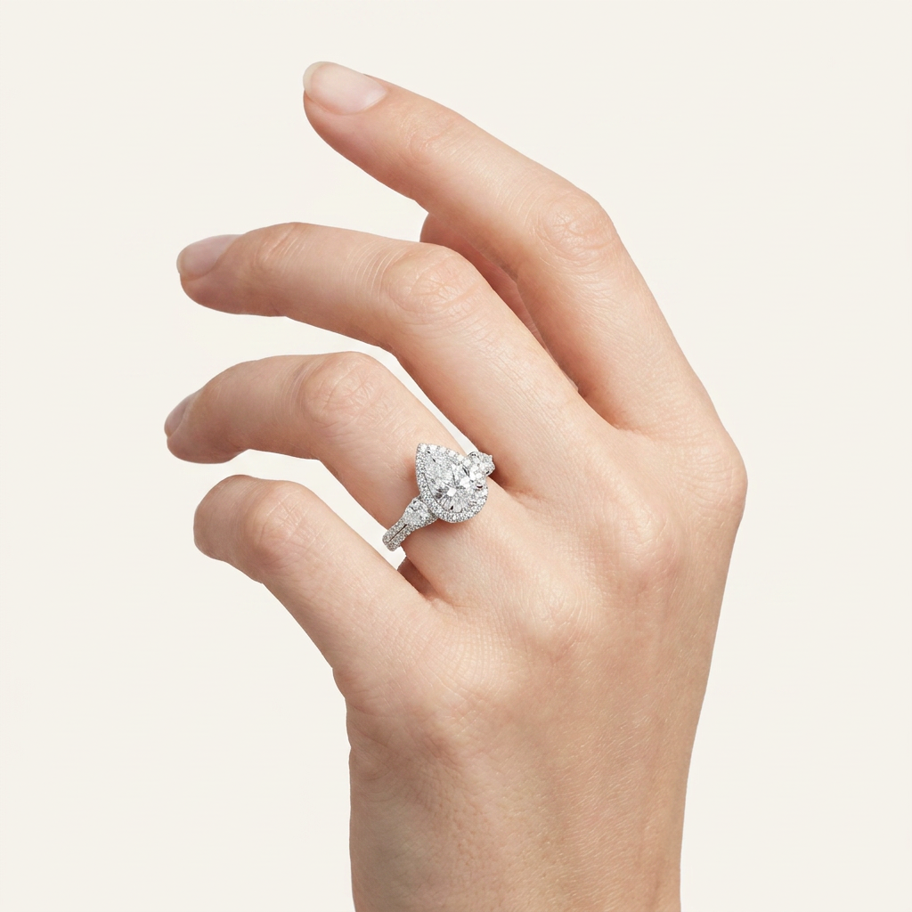 3CT Pear Cut Lab Grown Diamond Three Stone Bold Accented Engagement Ring