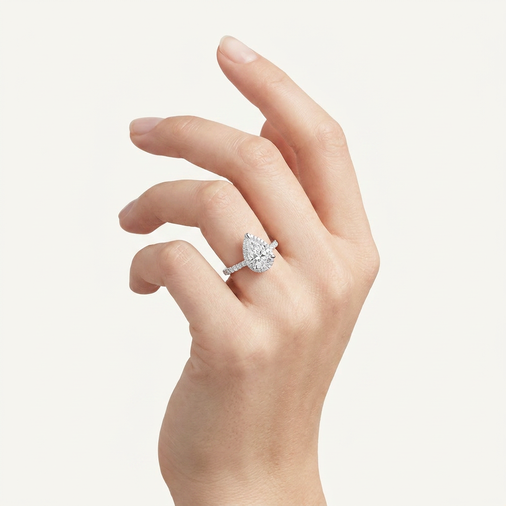 2CT Pear Cut Lab Grown Diamond Halo Accented Engagement Ring