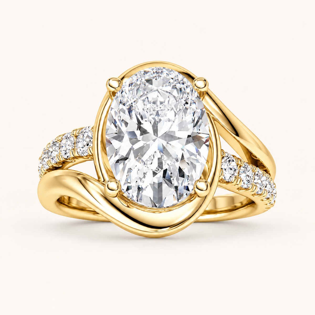3CT Oval Cut Lab Grown Diamond Swirl Shank Side Stone Ring