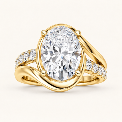 3CT Oval Cut Lab Grown Diamond Swirl Shank Side Stone Ring