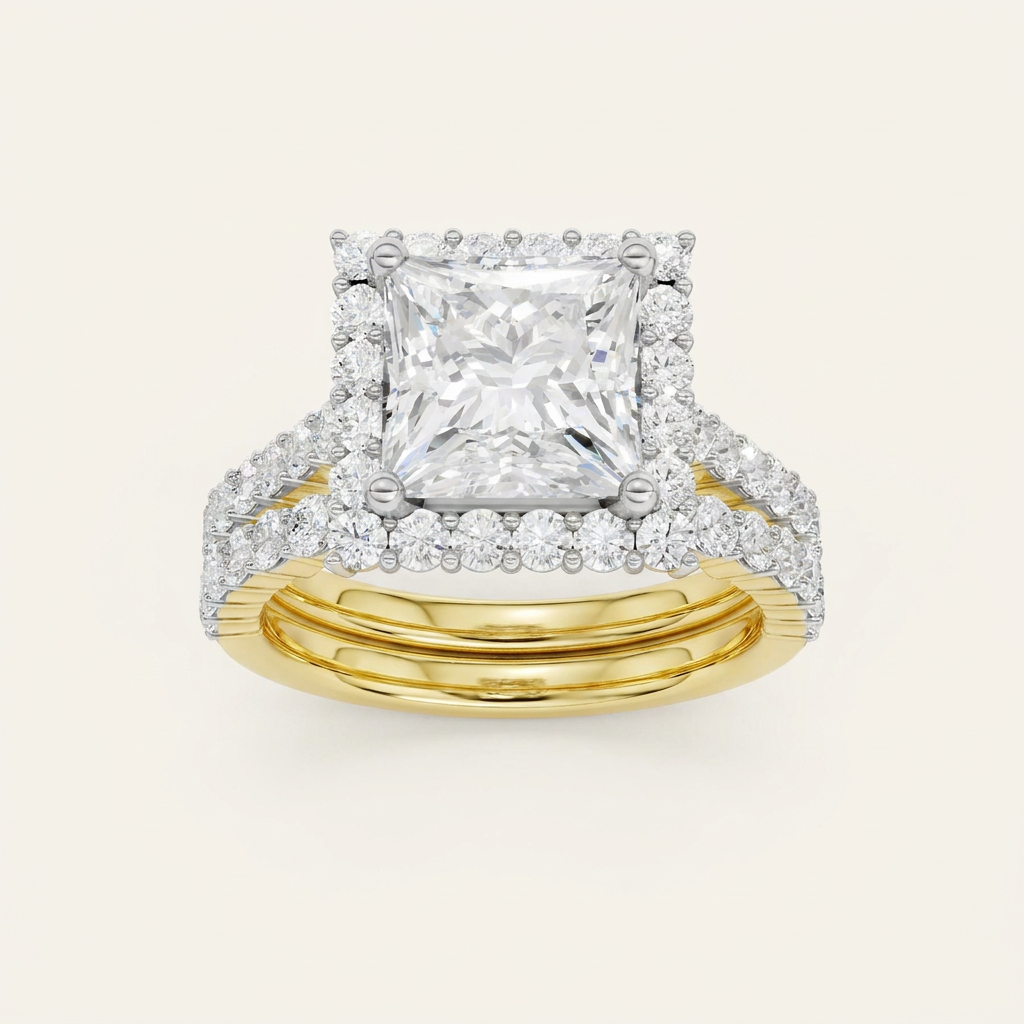 4.00CT Princess Cut Lab Grown Diamond Halo Bridal Set