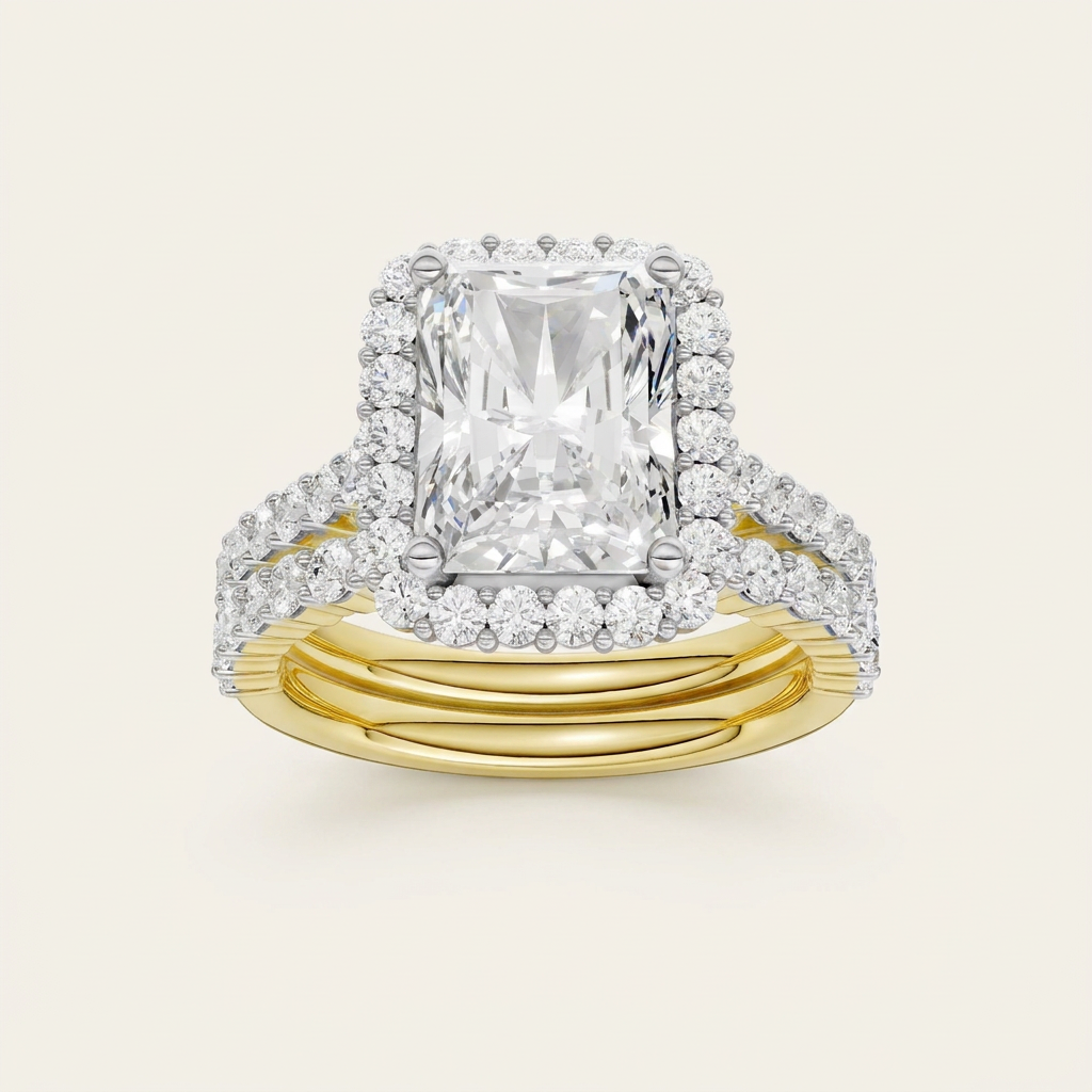 4.00CT Radiant Cut Lab Grown Diamond Halo Bridal Set