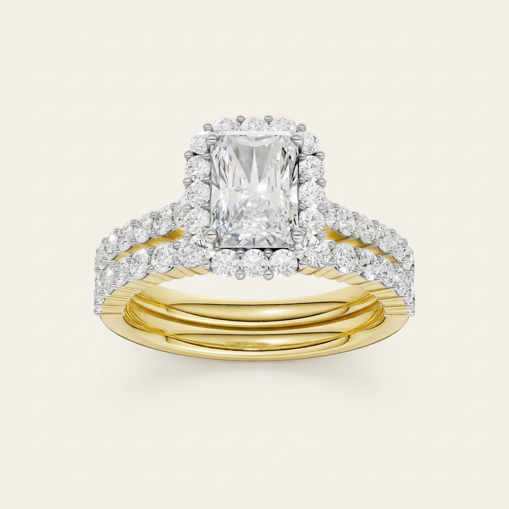 2.00CT Radiant Cut Lab Grown Diamond Halo Bridal Set