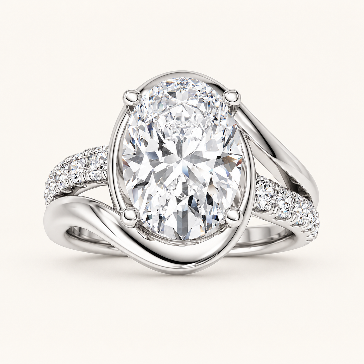 3CT Oval Cut Lab Grown Diamond Swirl Shank Side Stone Ring