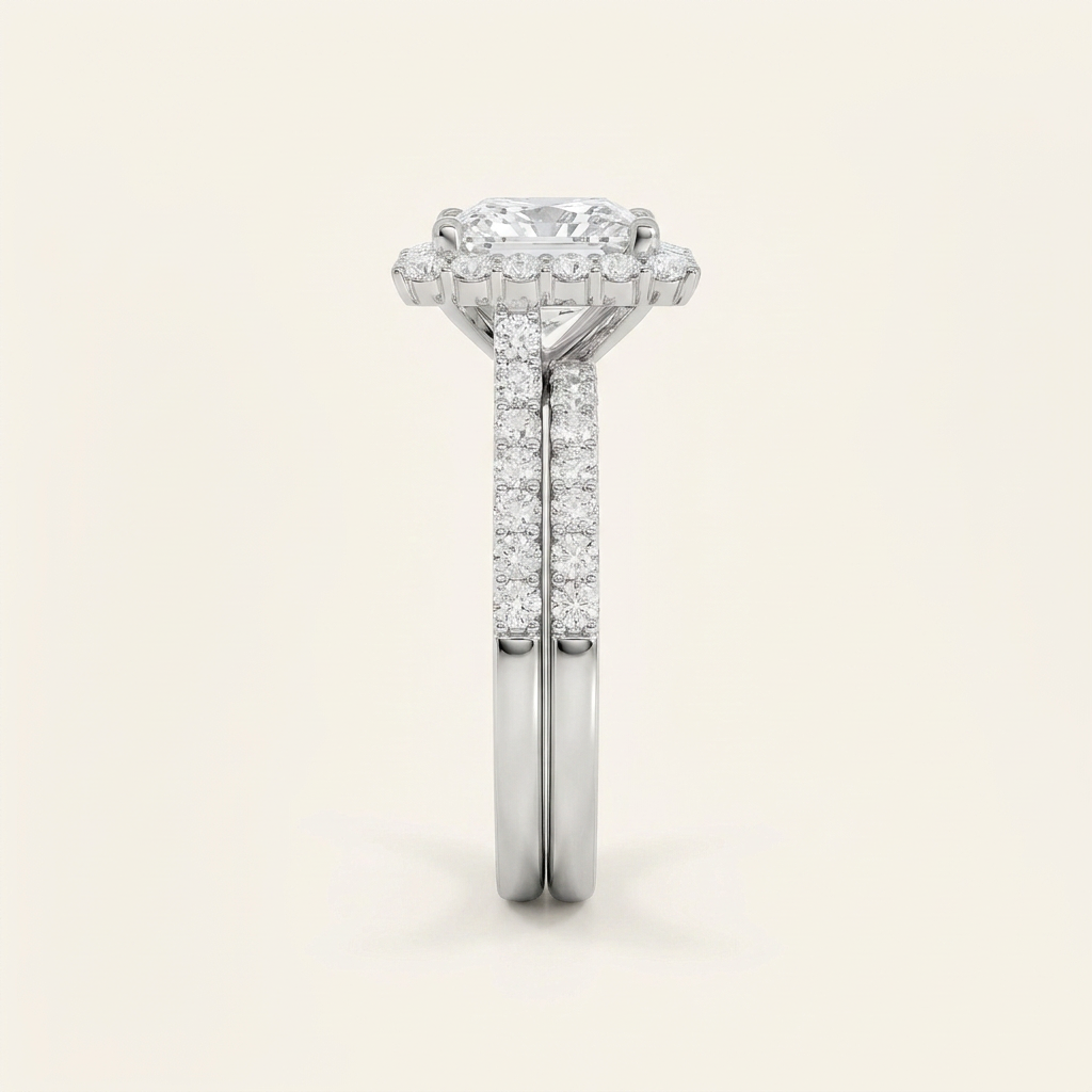 4.00CT Princess Cut Lab Grown Diamond Halo Bridal Set