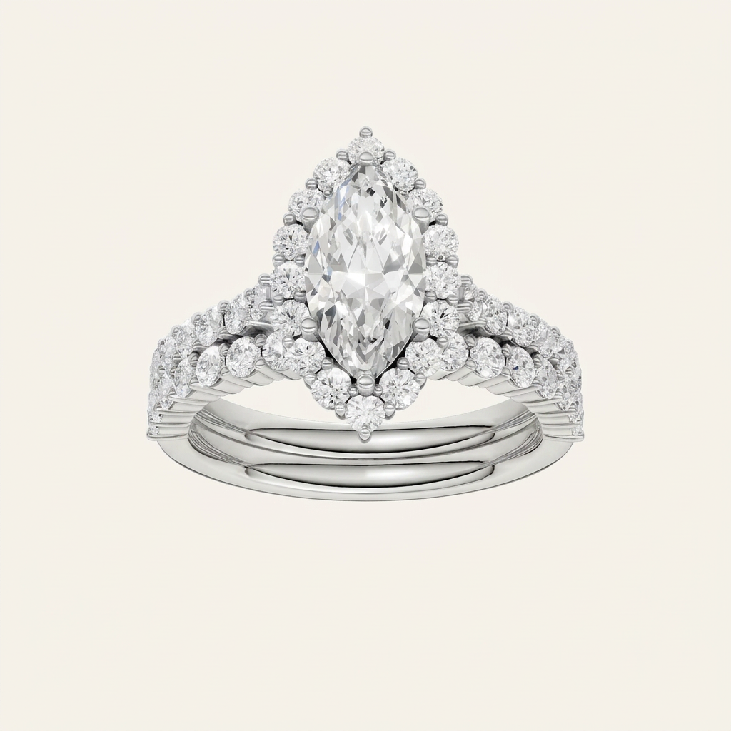2.00CT Marquise Cut Lab Grown Diamond Halo Bridal Set