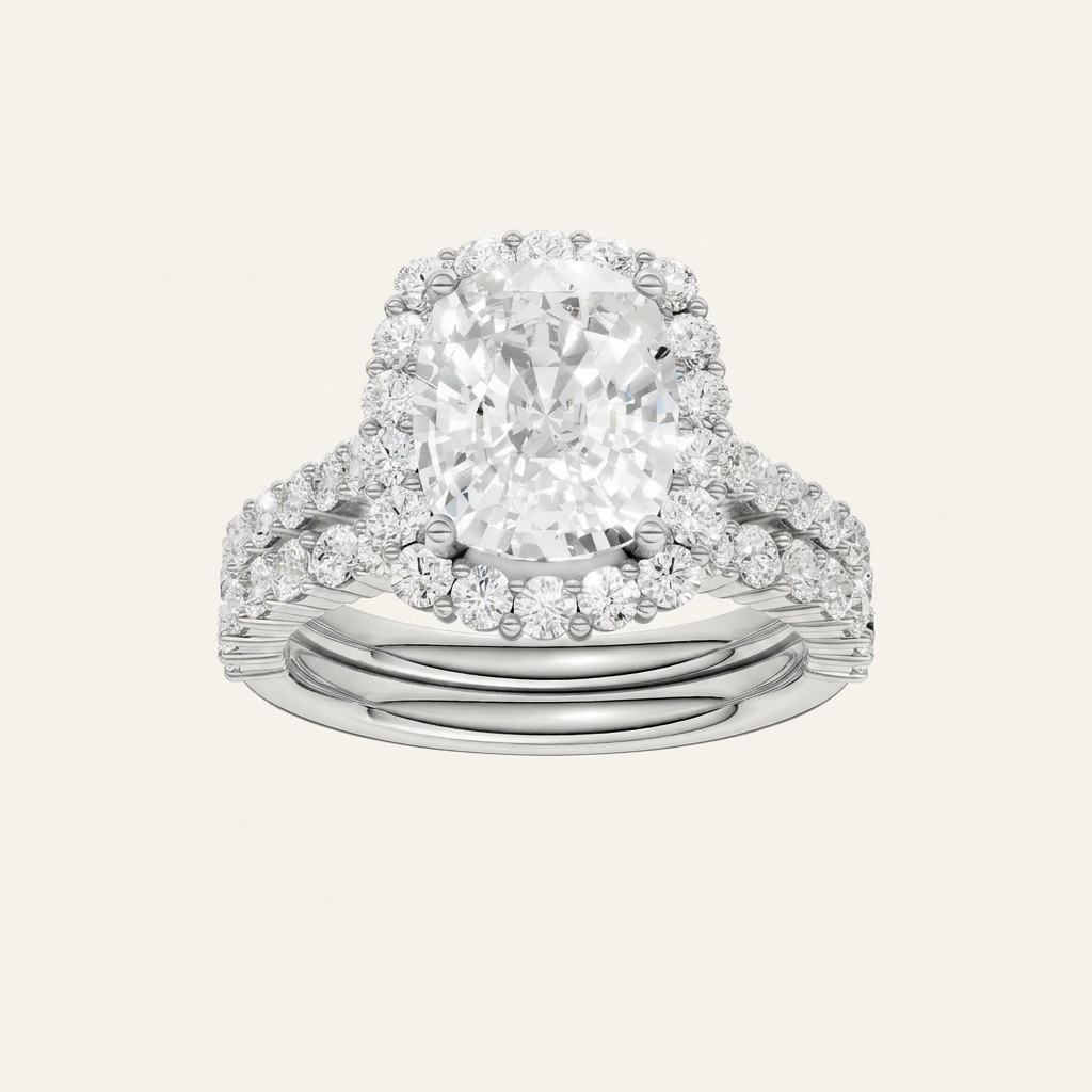 4.00CT Cushion Cut Lab Grown Diamond Halo Bridal Set