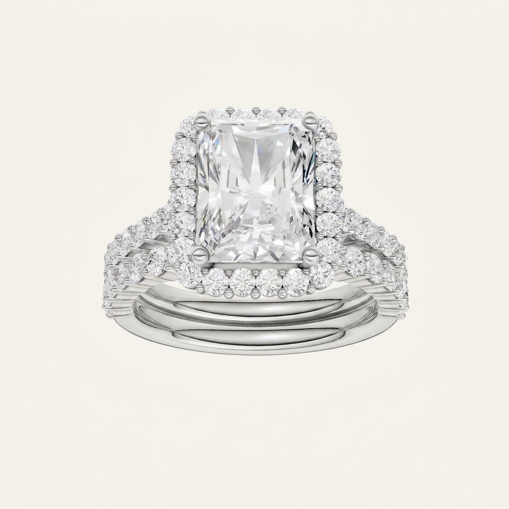 4.00CT Radiant Cut Lab Grown Diamond Halo Bridal Set