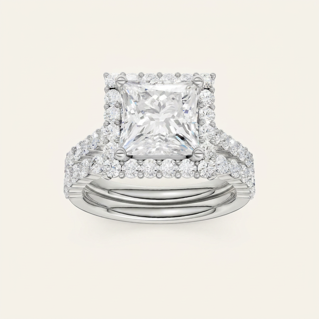 4.00CT Princess Cut Lab Grown Diamond Halo Bridal Set