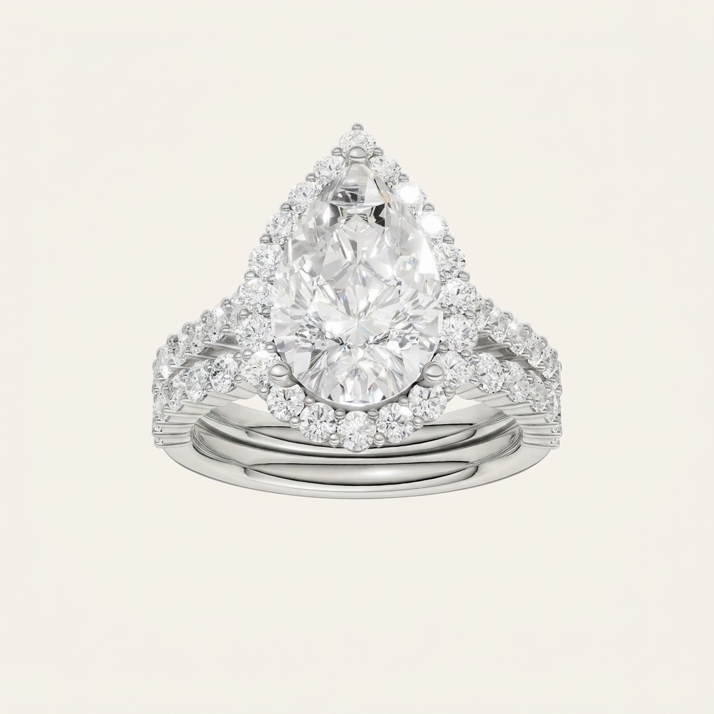 4.00CT Pear Cut Lab Grown Diamond Halo Bridal Set