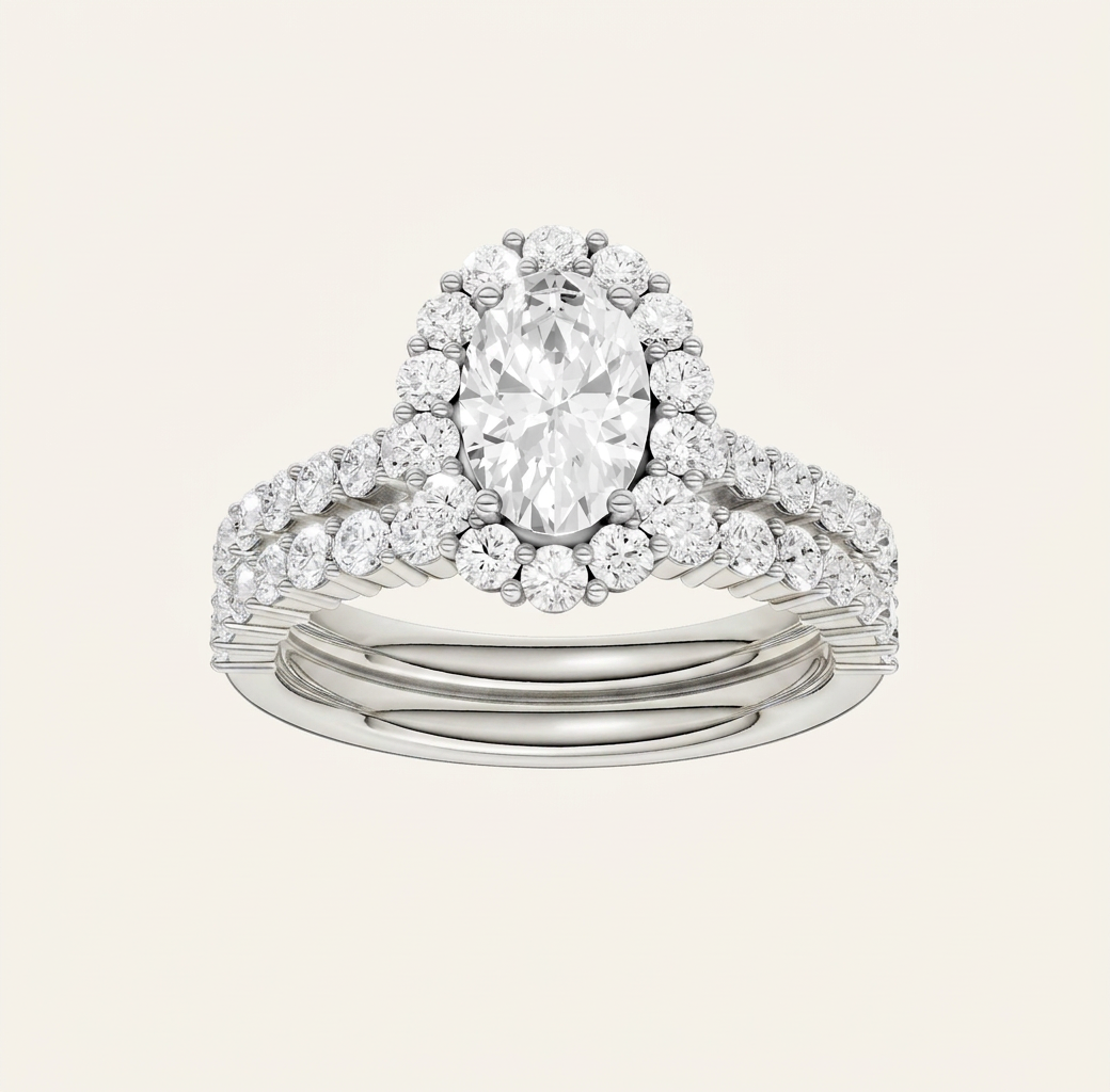 2.00CT Oval Cut Lab Grown Diamond Halo Bridal Set