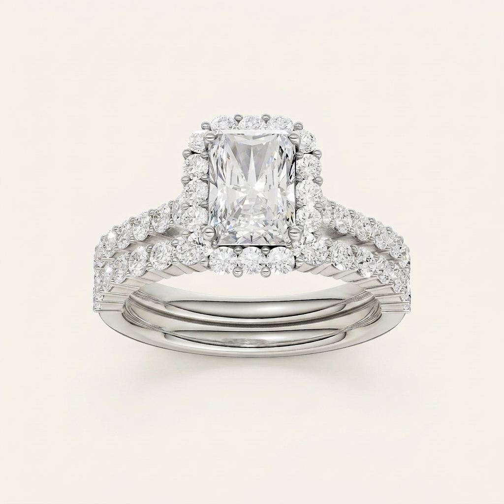 2.00CT Radiant Cut Lab Grown Diamond Halo Bridal Set