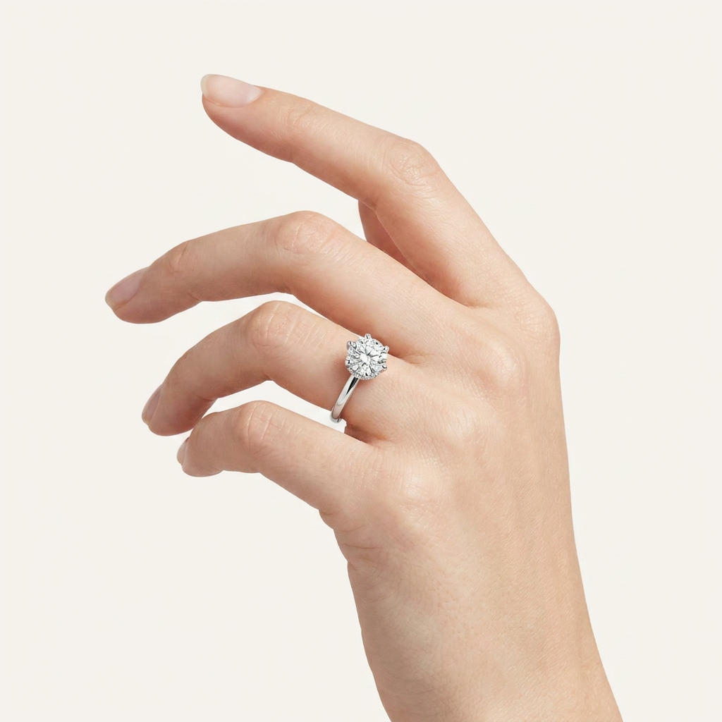 2CT Round Cut Lab Grown Diamond Hidden Halo Plain Shank Engagement Ring