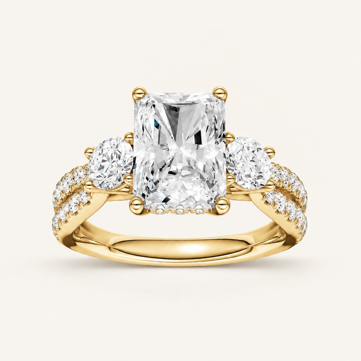 4CT Radiant Cut Lab Grown Diamond Hidden Halo Three Stone Ring