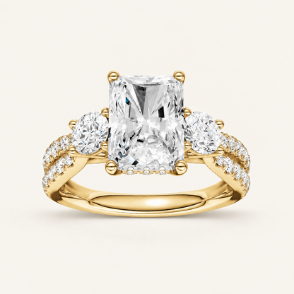 4CT Radiant Cut Lab Grown Diamond Hidden Halo Three Stone Ring